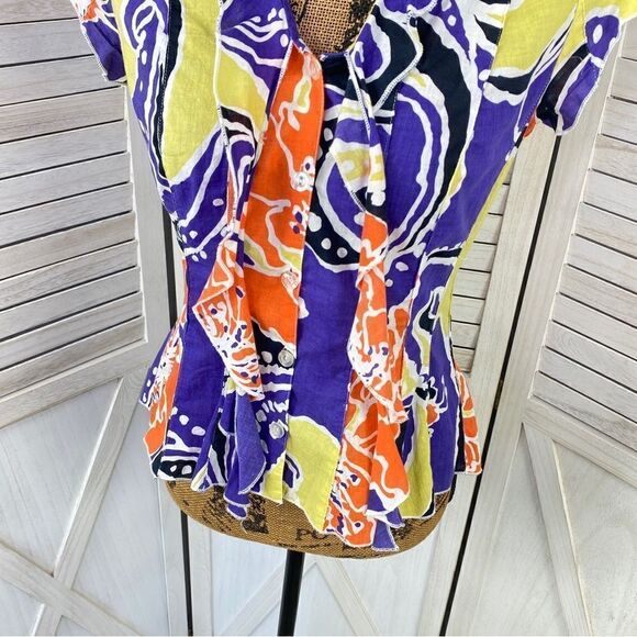 Sequel Abstract Paisley Tie Neck Panel Button Front Shirt Purple Multi 8 - Picture 6 of 12